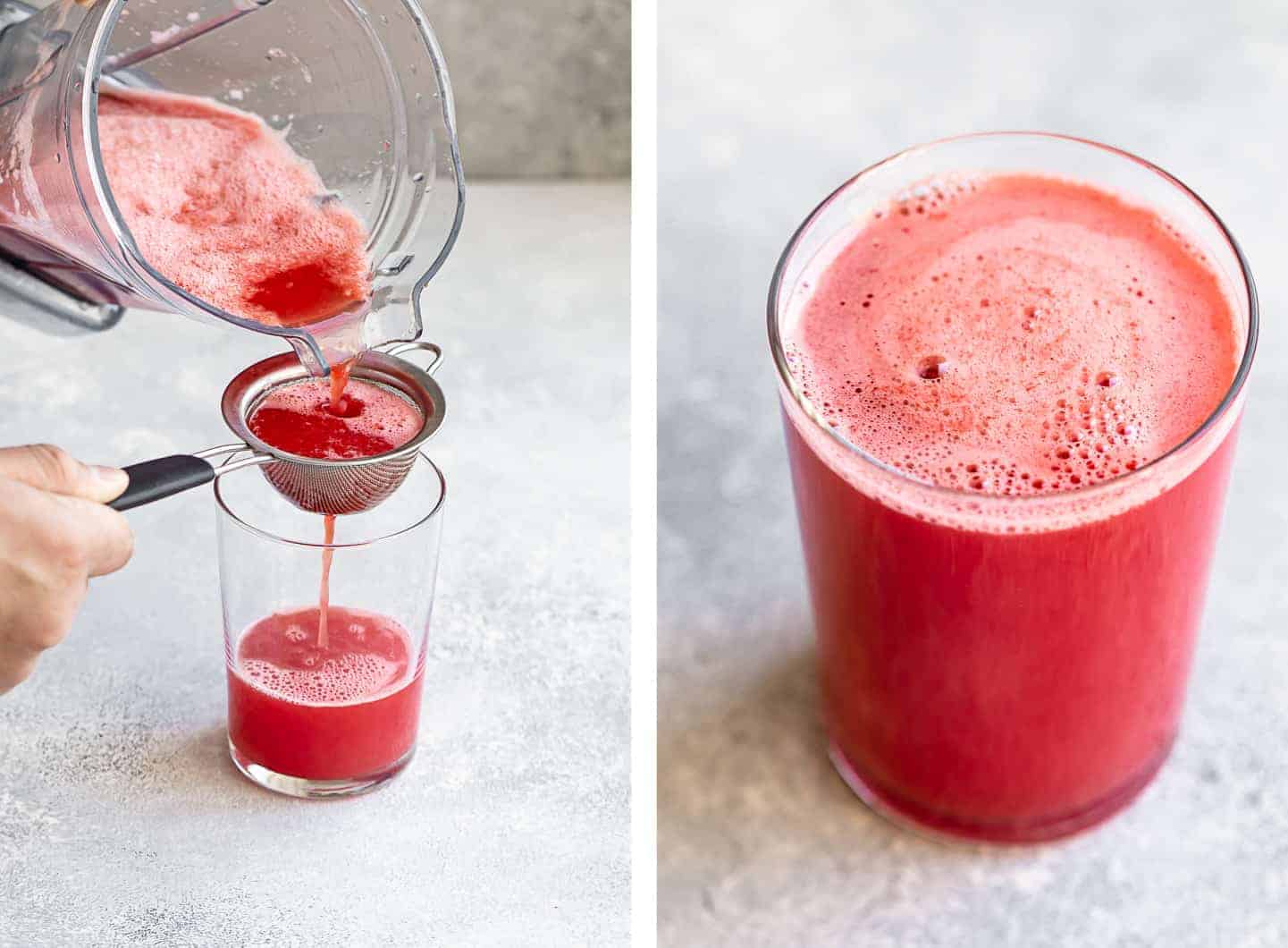 watermelon juice being strained into a glass
